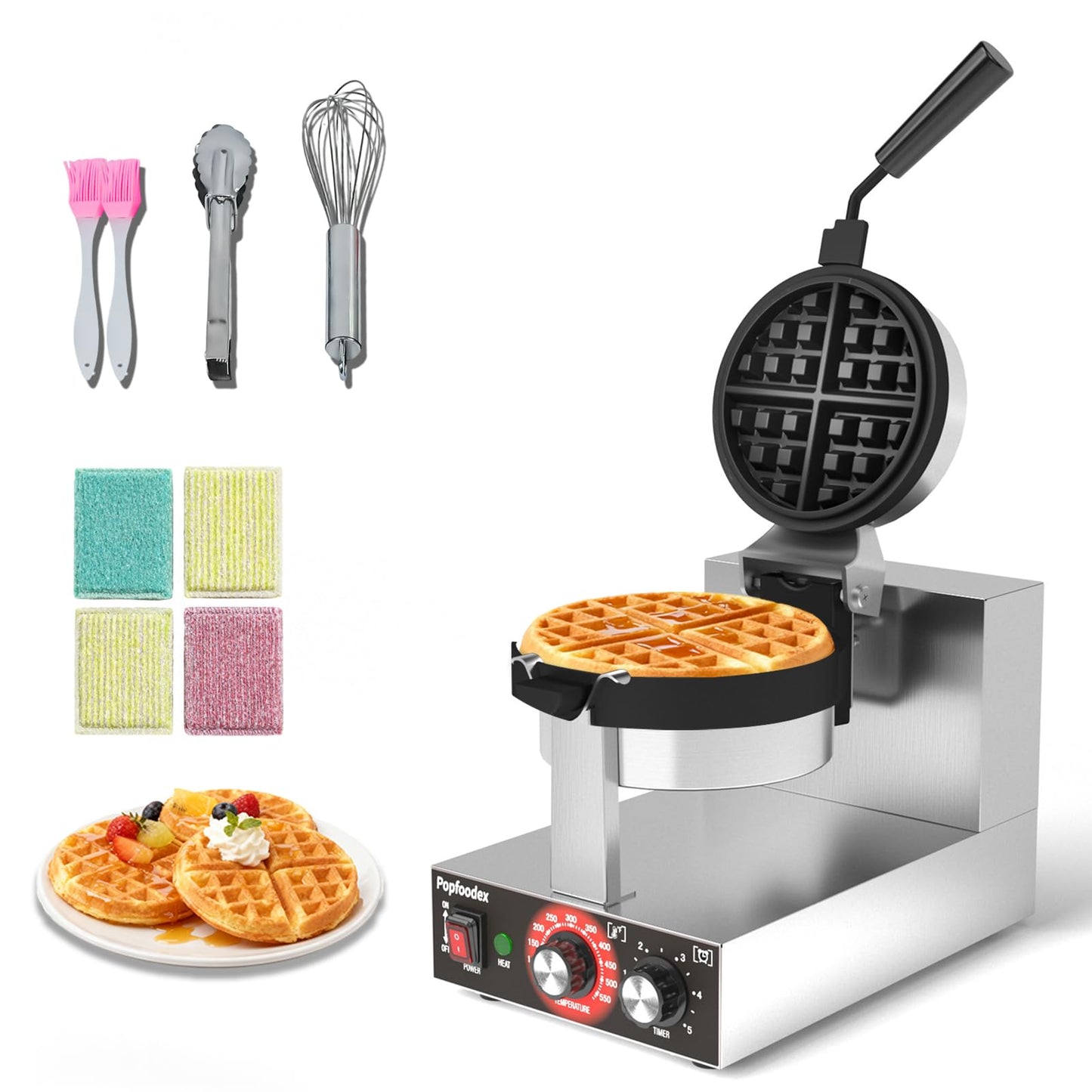 POPFOODEX Belgian Waffle Maker, 110V Industrial Waffle Maker w/Non-Stick Coating and Adjustable Temperature (122-572°F), 1200W Rotary Commercial Waffle Machine w/Timer, Restaurants and Food Trucks