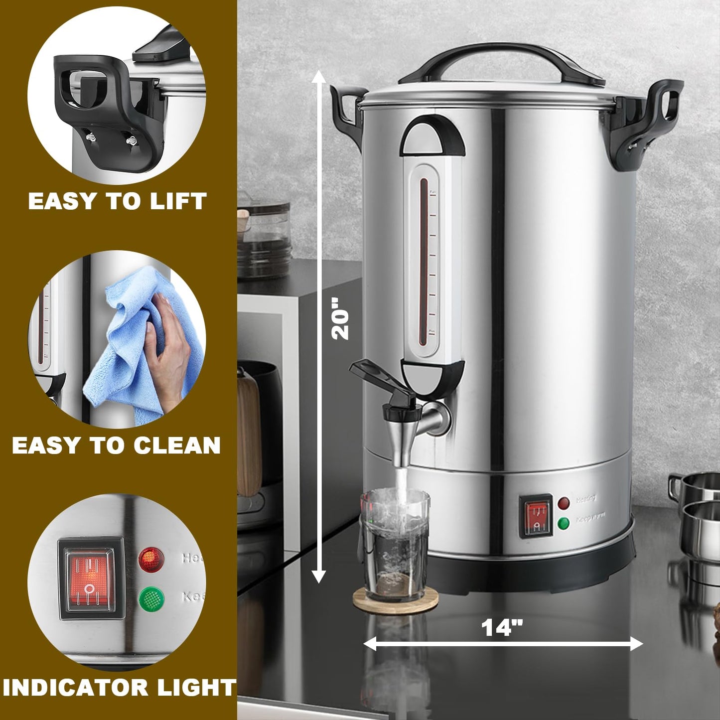 Commercial Coffee Urn Large Coffee Maker 100 Cup Coffee Maker Industrial Coffee Dispenser 1300W Quick Brew Dual Wall Stainless Steel Hot Water Urn Tea Maker Machine for Wedding, Catering, Events