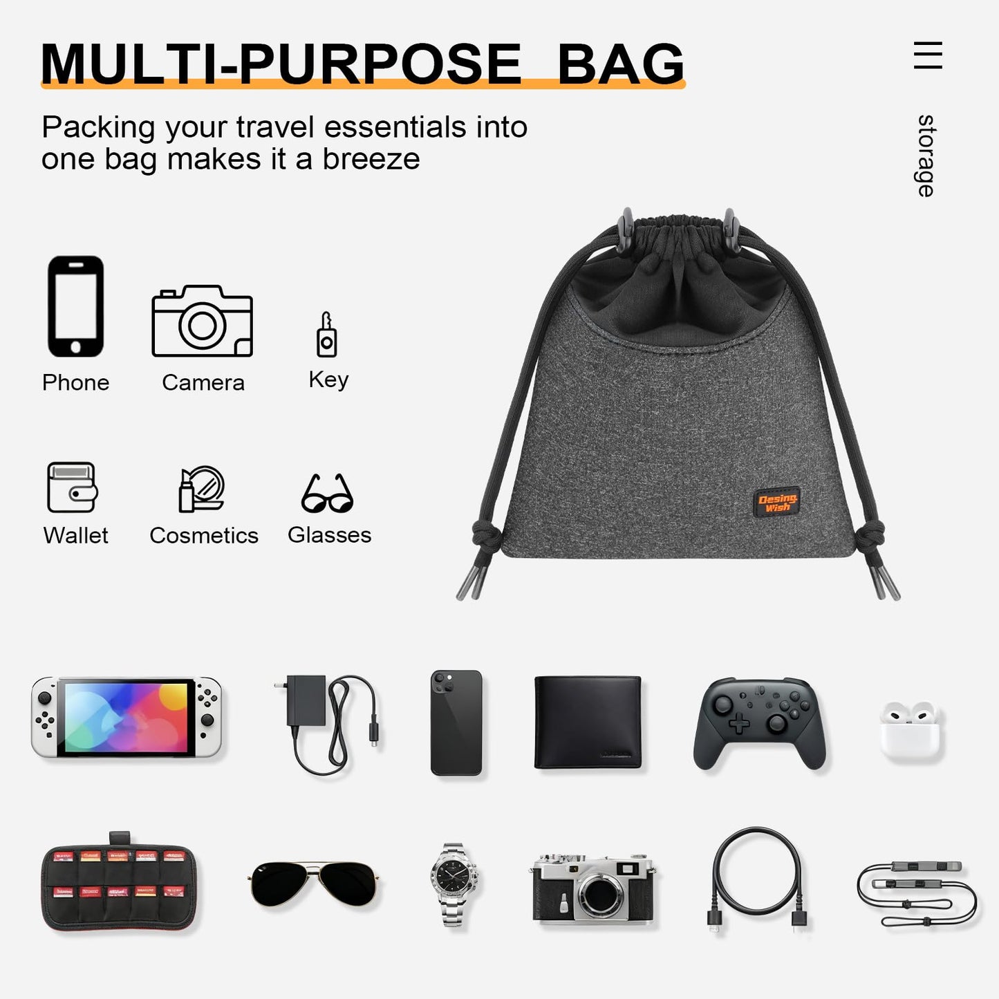 Desing Wish Lightweight Headphone Storage Bag, Portable Headset Carrying Pouch Headphone Case Bag Soft Travel Pouch for Over-Ear Headphones/Gaming Headsets/Neckband Earbuds (Small Grey)