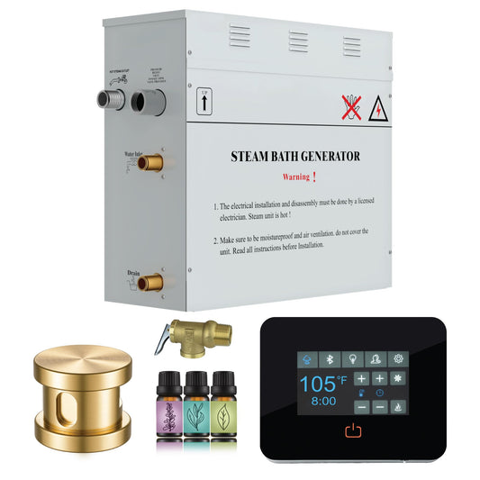 SaunaSpa Builders Series 7.5kW Steam Bath Generator with Quickstart Continuous Steam, Black Digital Touch Pad, Built-in Auto-Drain, and Aroma Steamhead in Gold Finish