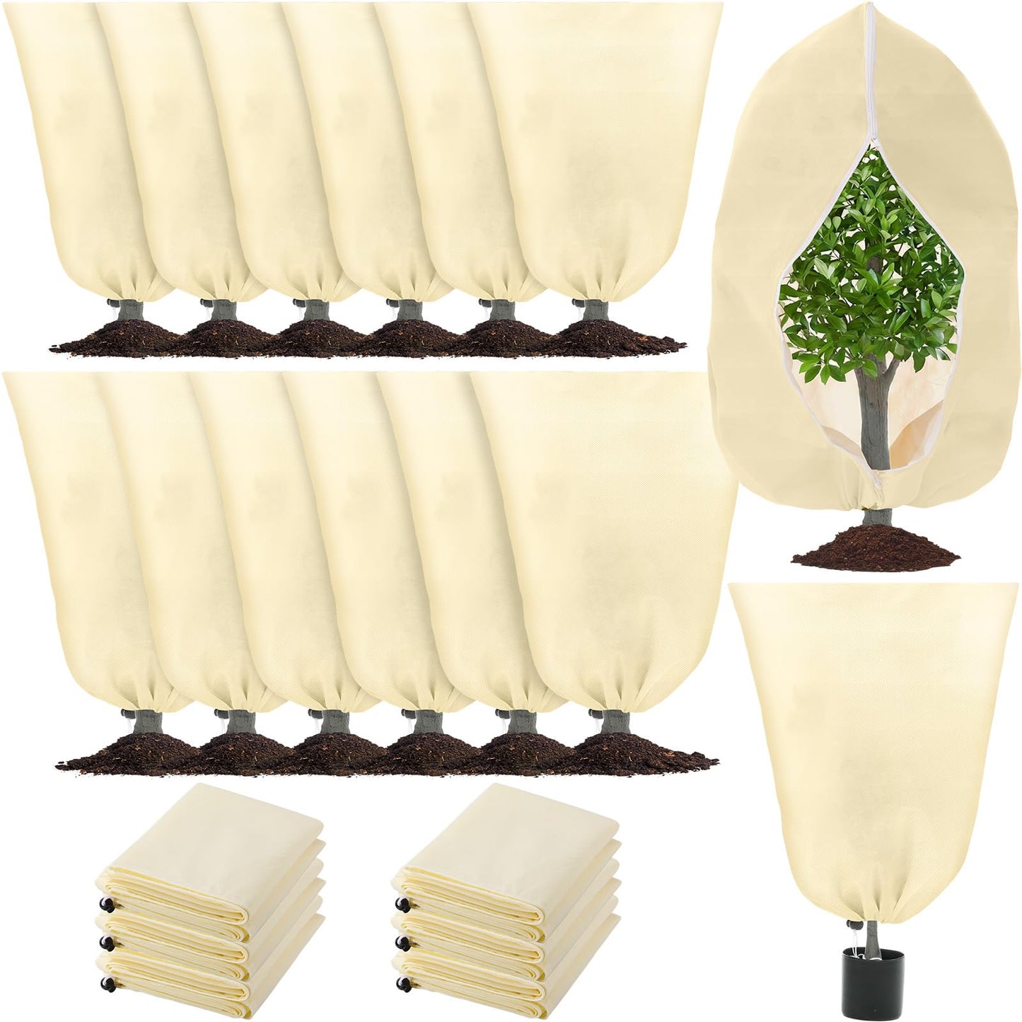 Wesnoy 12 Pack Winter Plant Covers Freeze Protection 2 Size 47" x 32" and 24" x 32" Winter Frost Cloths Blankets with Zipper Drawstring Tree Covers for Outdoor Plants Shrubs Potted Trees(Beige)