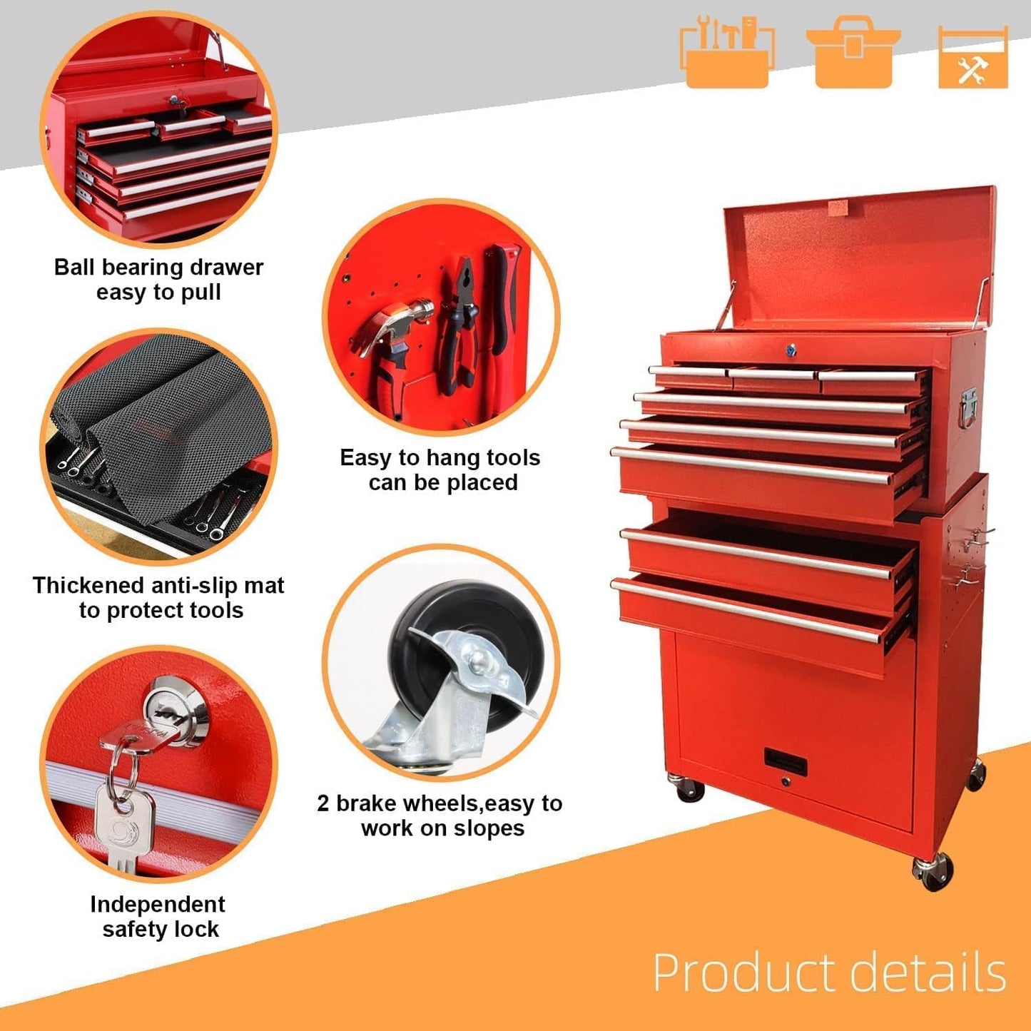DUSACOM 8-Drawer High Capacity Rolling Tool Chest, Removable Cabinet Storage Tool Box with Wheels and Drawers, Detachable Toolbox with Lock for Workshop Mechanics Garage (8-Drawer, Red)