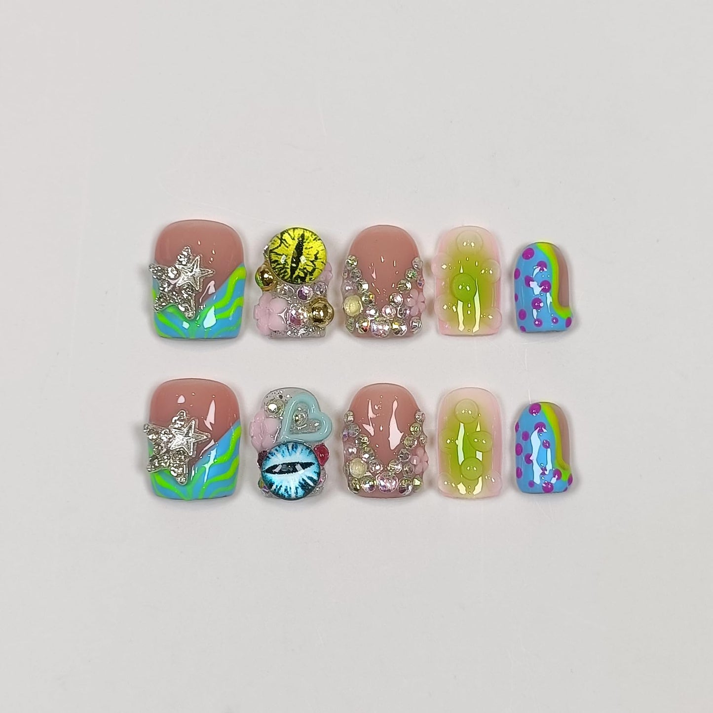 TENPAL V-Shape French Tips Square Nails,Acrylic Press on Nails with 10pcs Kit,Sweet Edgy Y2K Hand-Painted Art False Nails,Neon Yellow-Green Fake Nails with 3D Stars, Hearts, Rhinestones Flowers(S)