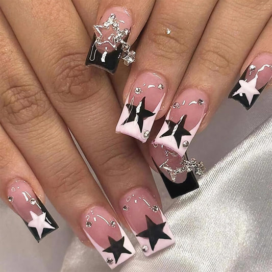 BABALAL French Tip Press on Nails Medium Square Fake Nails Black Pink Glue on 3d Star Charm 24Pcs Rhinestone Squoval Artificial Cute False Acrylic Nails for Women and Girls