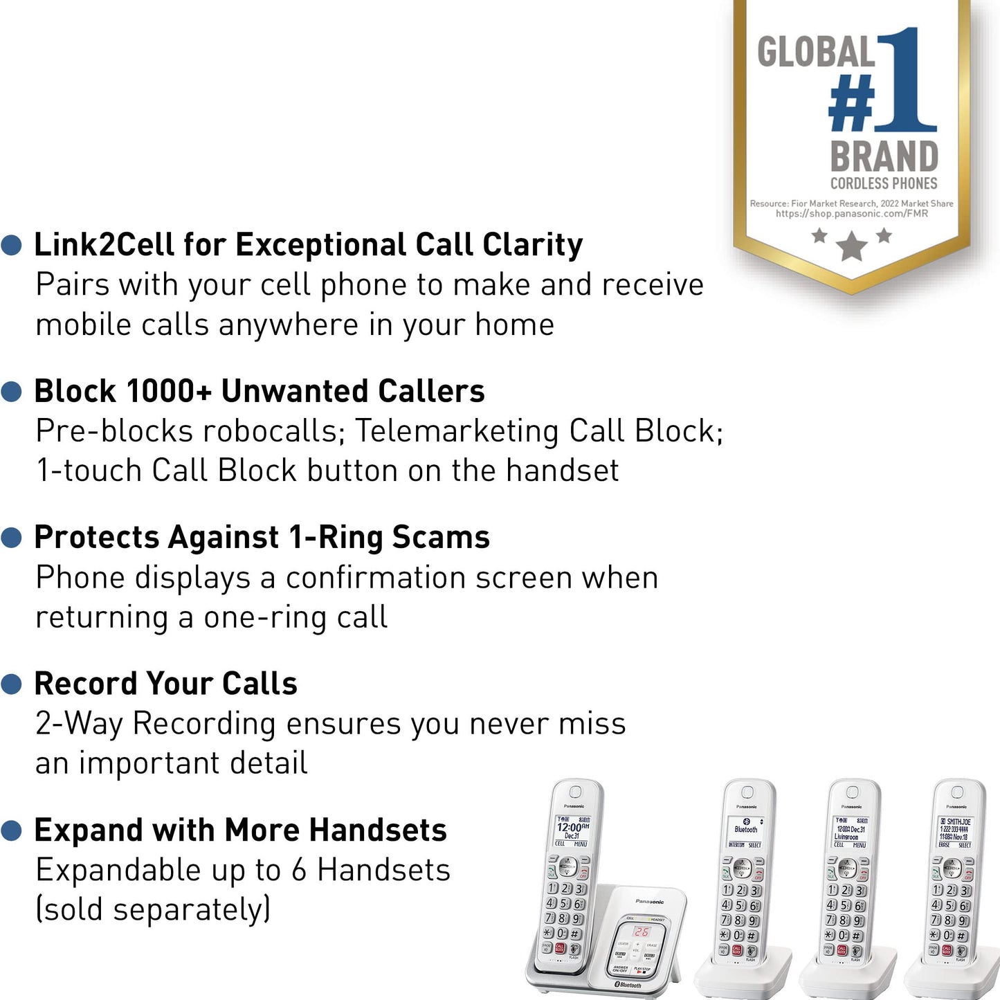 Panasonic Cordless Phone with Answering Machine, Link2Cell Bluetooth Home Phones, Voice Assistant and Advanced Call Blocking, Expandable System with 4 Handsets - KX-TGD864W (White)