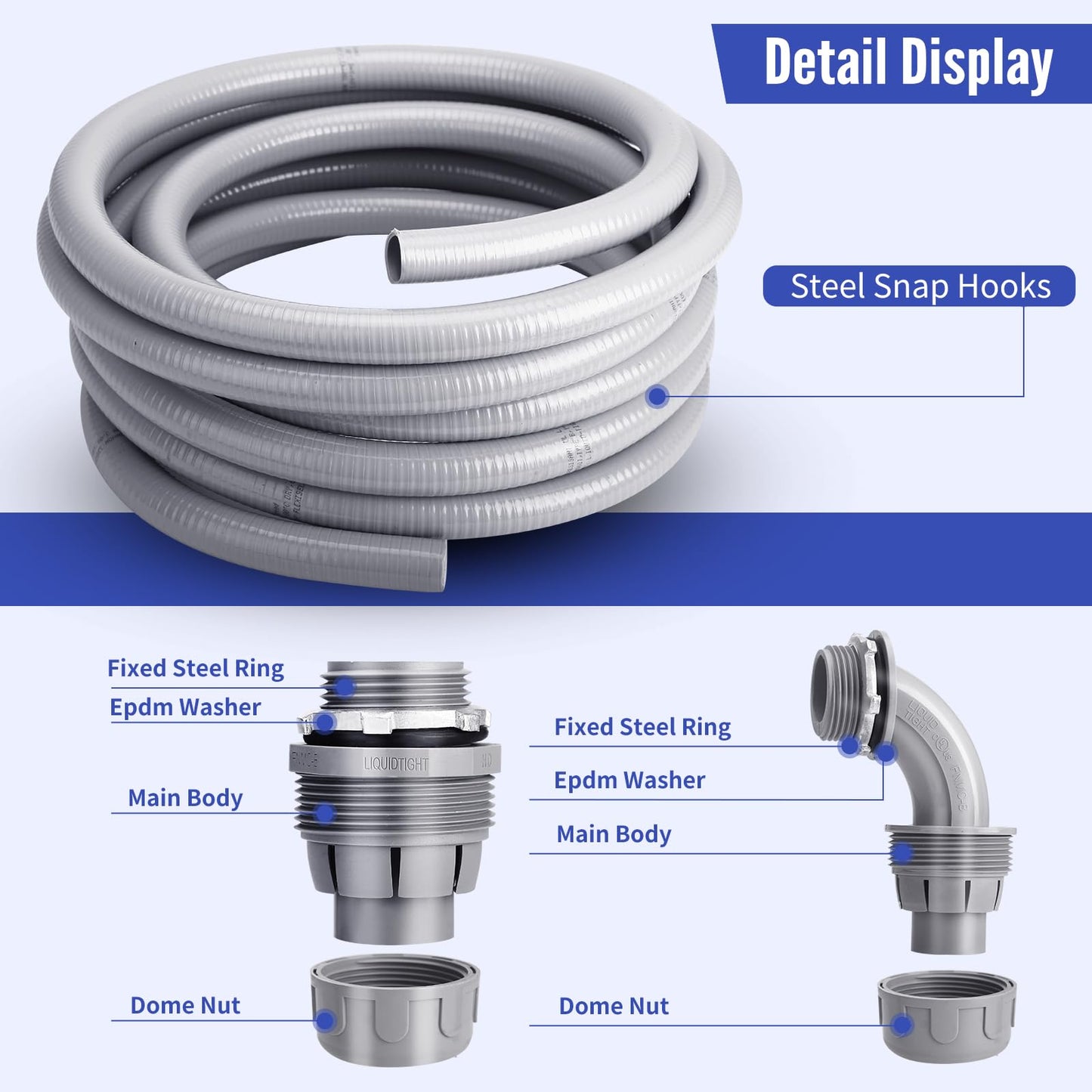 AISIMEE Liquid Tight Conduit 1inch 100FT,Flexible Non-Metallic Liquid Tight Flex Electrical Conduit and Connector Kit with 5 Straight and 3 90-Degree Conduit Connector Fittings