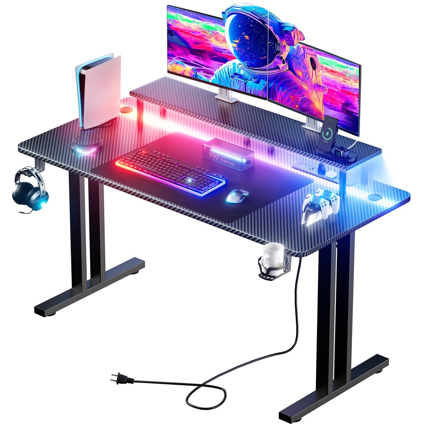 HLDIRECT 47 Inch Gaming Desk with 5 Sockets & LED Lights, Computer Gamer Desk with Monitor Stand, Ergonomic Carbon Fiber Gaming Table Home Office Desk with Cup Holder, Headphone Hook & Mouse Pad
