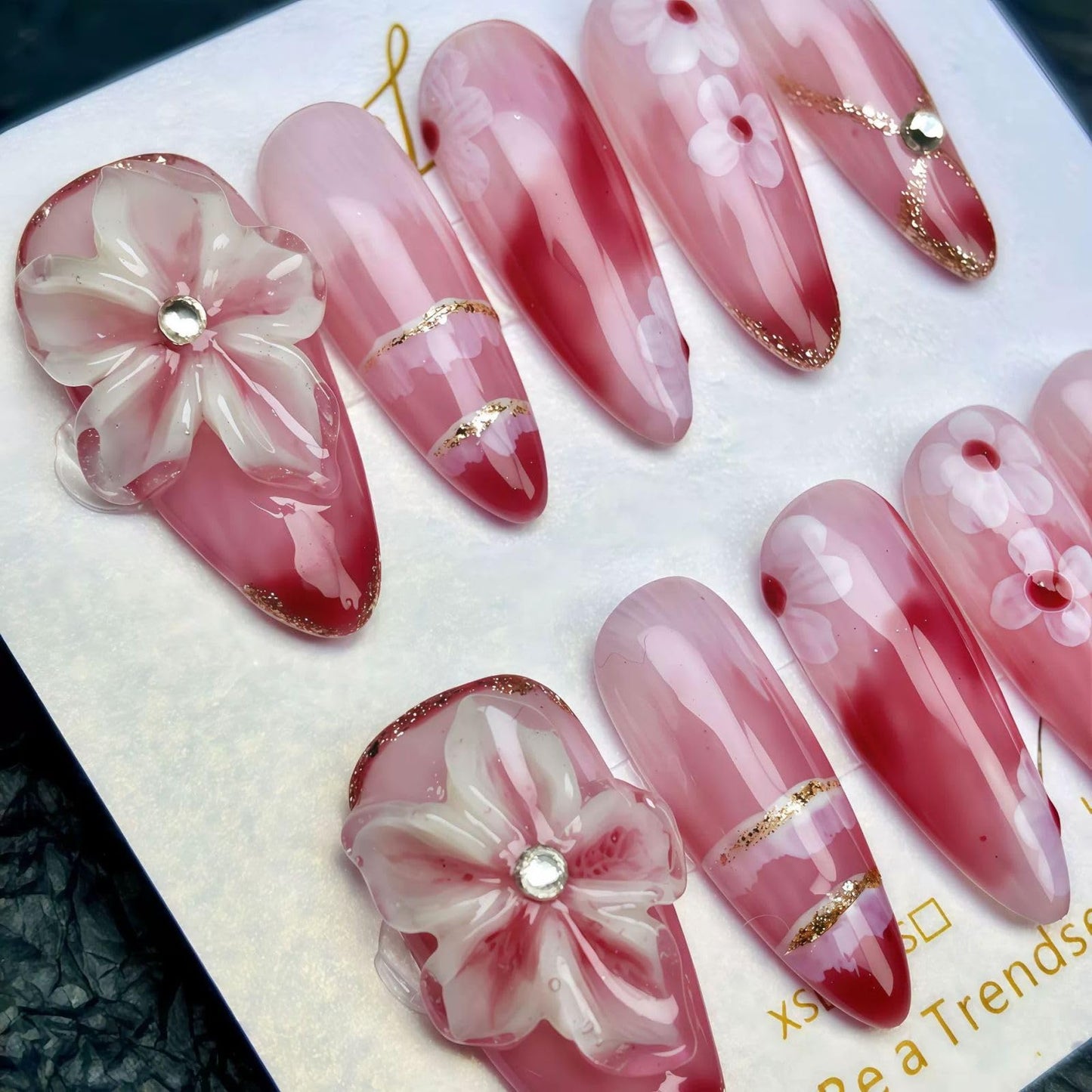 Threelegscat Red Handmade Press on Nails Long Fake Nails with Flower Designs for Women and Girls Size L 10pcs