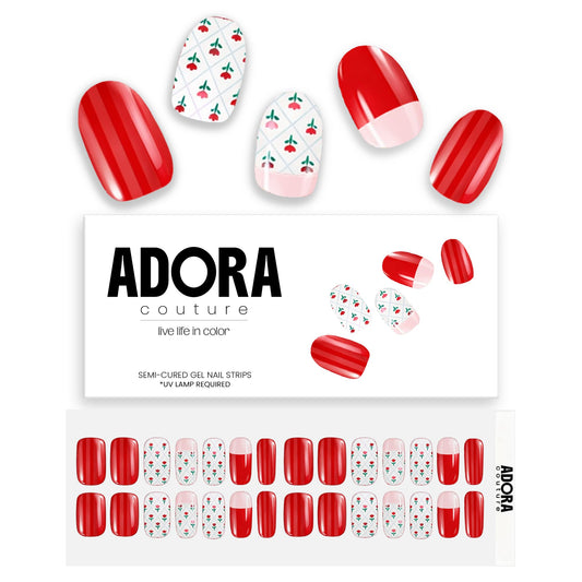 Adora Couture Semi Cured Gel Nail Strips with 30 Pieces - UV Gel Stickers, Manicure Kit, Easy Application Wraps Includes Prep Pads, Nail File, Wooden Stick - UV Light Required (Red Rose Edit)