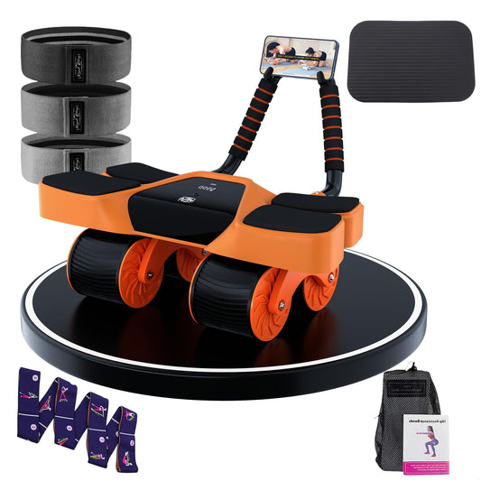 2026 New 4-Wheel Abdominal Roller with Elbow Support : Latest Upgraded High-Performance Exercise Machine With Automatic Rebound, Multi- layered Anti-Slip Design with Built-in Workout Tracker (Orange + 3 Bands + 1 Strap)