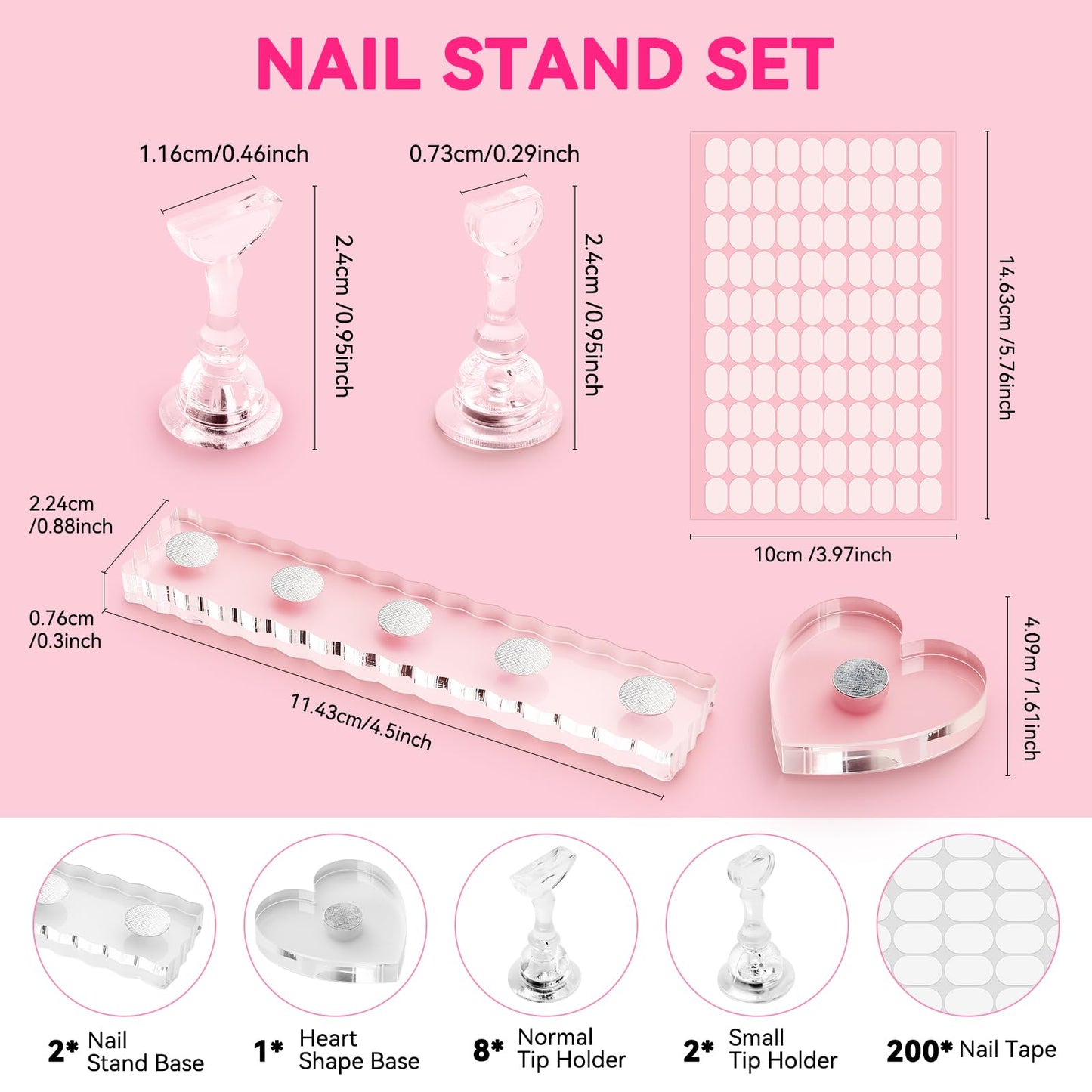 ESUOHYM Nail Stand For Press On Strong Magnetic Nail Art Tips Holder For Painting Gel Nails Display Supplies With 200PCS Double-Sided Tape & 1 Heart Shaped Acrylic Presson Stands with Case Nail Tech Supplies