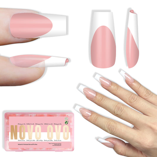 NOVO OVO White French Tip Medium Coffin Nail Tips Press on, BABY PINK, Extra Thick Soft Gel Fake Nail Acrylic Extension, Need Builder Gel Top Coat, No Glue Included, for Salon DIY 15 Sizes x 240 pcs