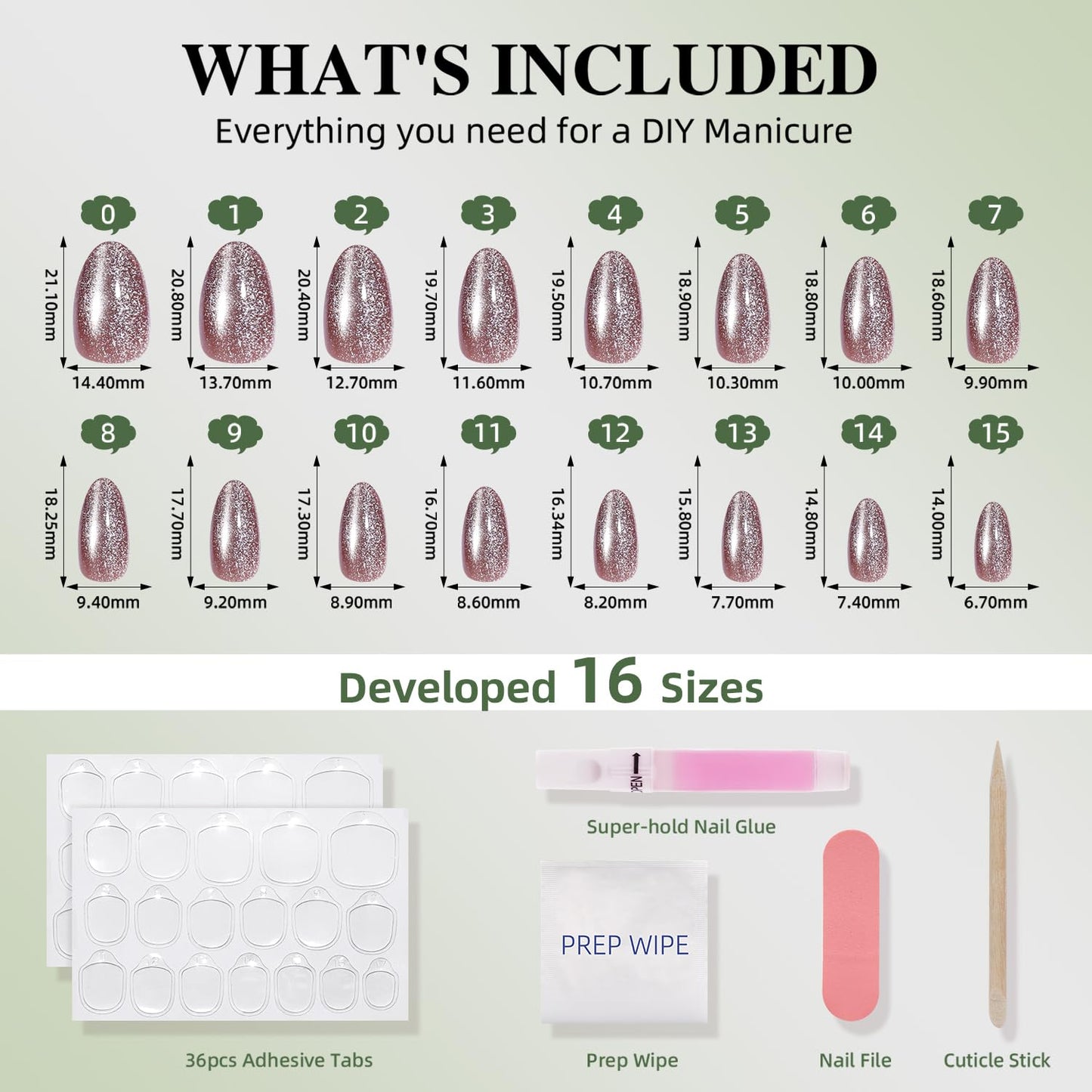 Brown Cat Eye Press On Nails Almond - Brown Short Almond Fake Nails, Cateye Press On Nails Reusable Stick On Nails in 16 Sizes, 32pcs False Nail Kit for Women & Girls (Mocha Glow)