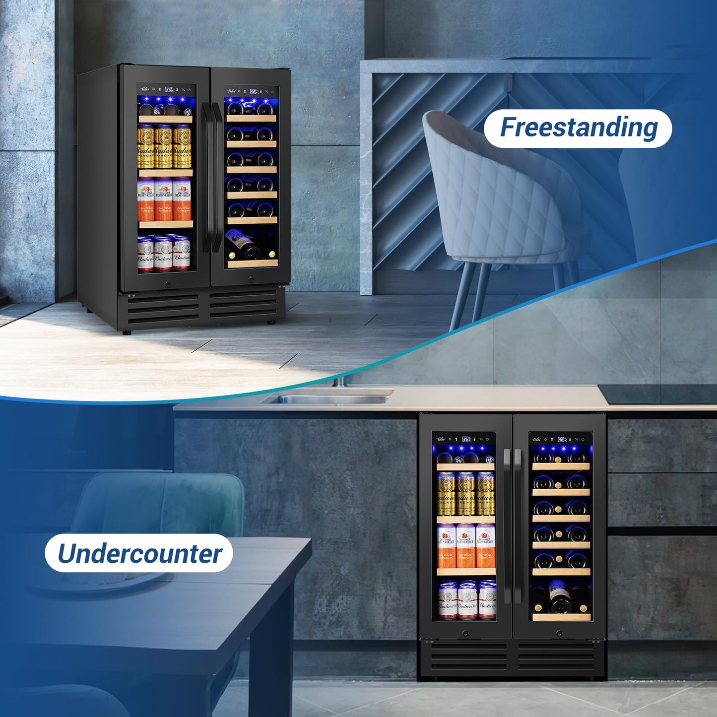 Velivi 24" Black Dual Zone Wine & Beverage Refrigerator | Under Counter Built-In or Freestanding | 18 Bottles & 68 Cans | Glass Door with Lock Large Capacity for Beer Wine Soda Drinks