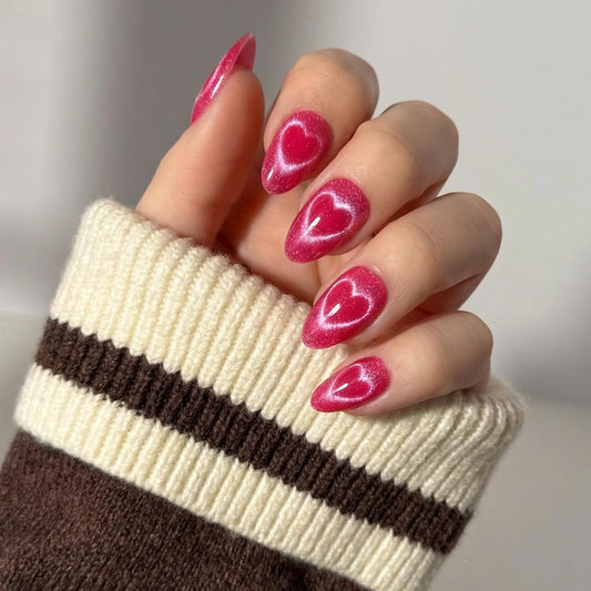 Glamnetic Press On Nails - Text Me Back | Short Almond Fake Nails in Hot Pink with Cat-Eye Magnetic Heart Designs in a Velvet Finish | 15 Sizes - 30 Nail Kit with Glue
