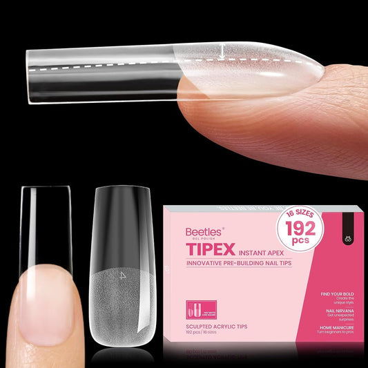 Beetles Tipex Instant Apex Nail Tips, Long Square, 16 Sizes |00–14, 192pcs, Built-In Apex, No Builder Gel Required, Thicker Strong Acrylic Tips for DIY Nail Extensions