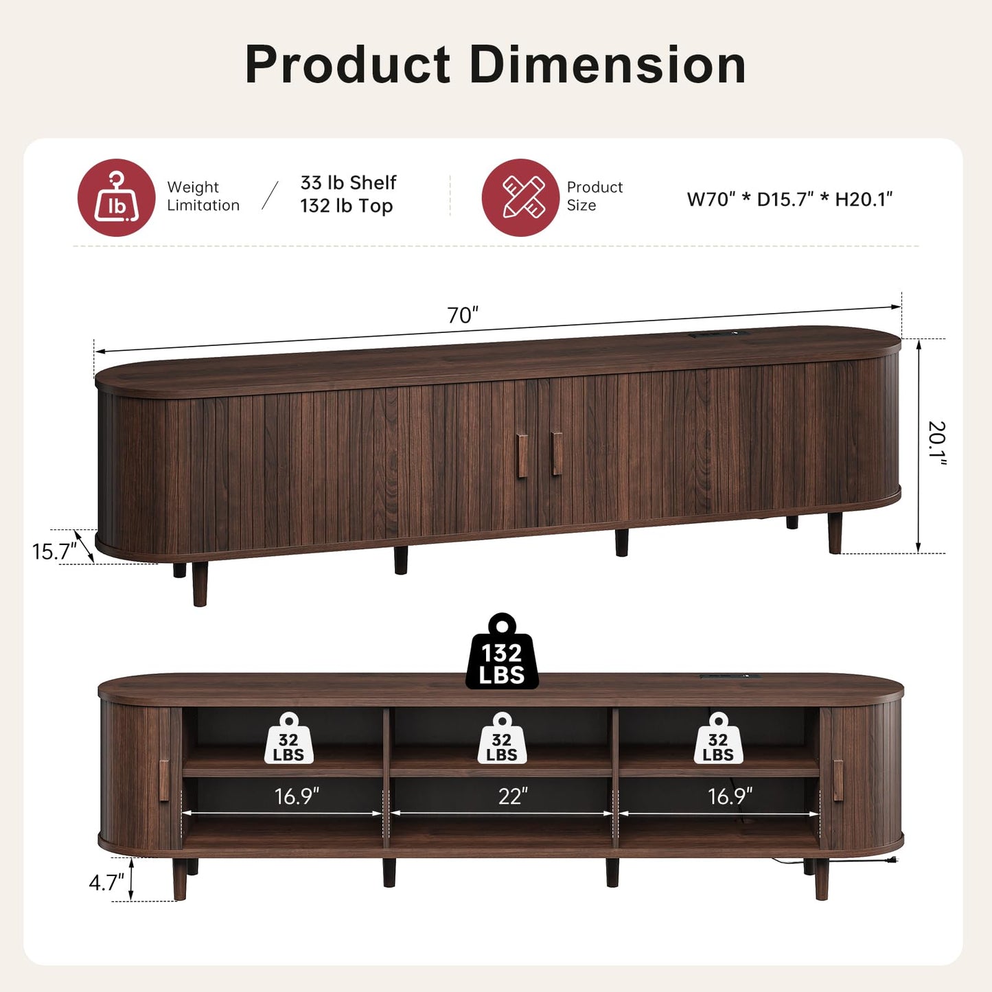OneBlis 70" Mid Century Modern TV Stand, Wood TV Consoles with Sliding Doors and Power Outlet, Entertainment Center with Adjustable Shelves, Fluted TV Stands for Living Room, Walnut