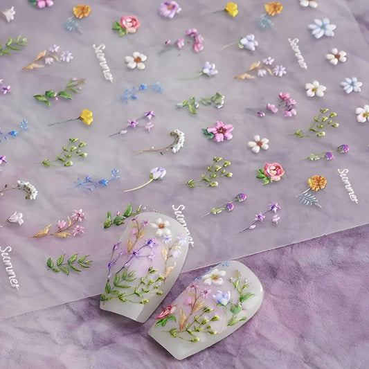 2 Sheet Flower Nail Art Stickers 5D Embossed Nail Decals Purple Floral Nail Stickers for Women Spring Summer Manicure Supplies