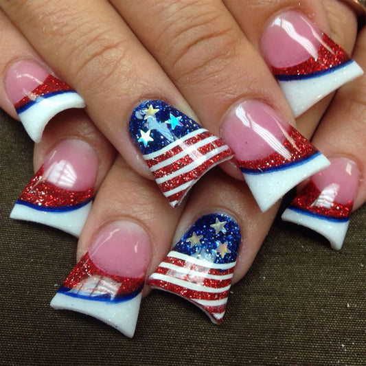 24Pcs 4th of July Press on Nails Duck Short French Tip Fake Nails with Red Blue Glittter Design Independence Day American Flag False Nails Full Cover Artificial Stick on Nails Glue on Nail for Women