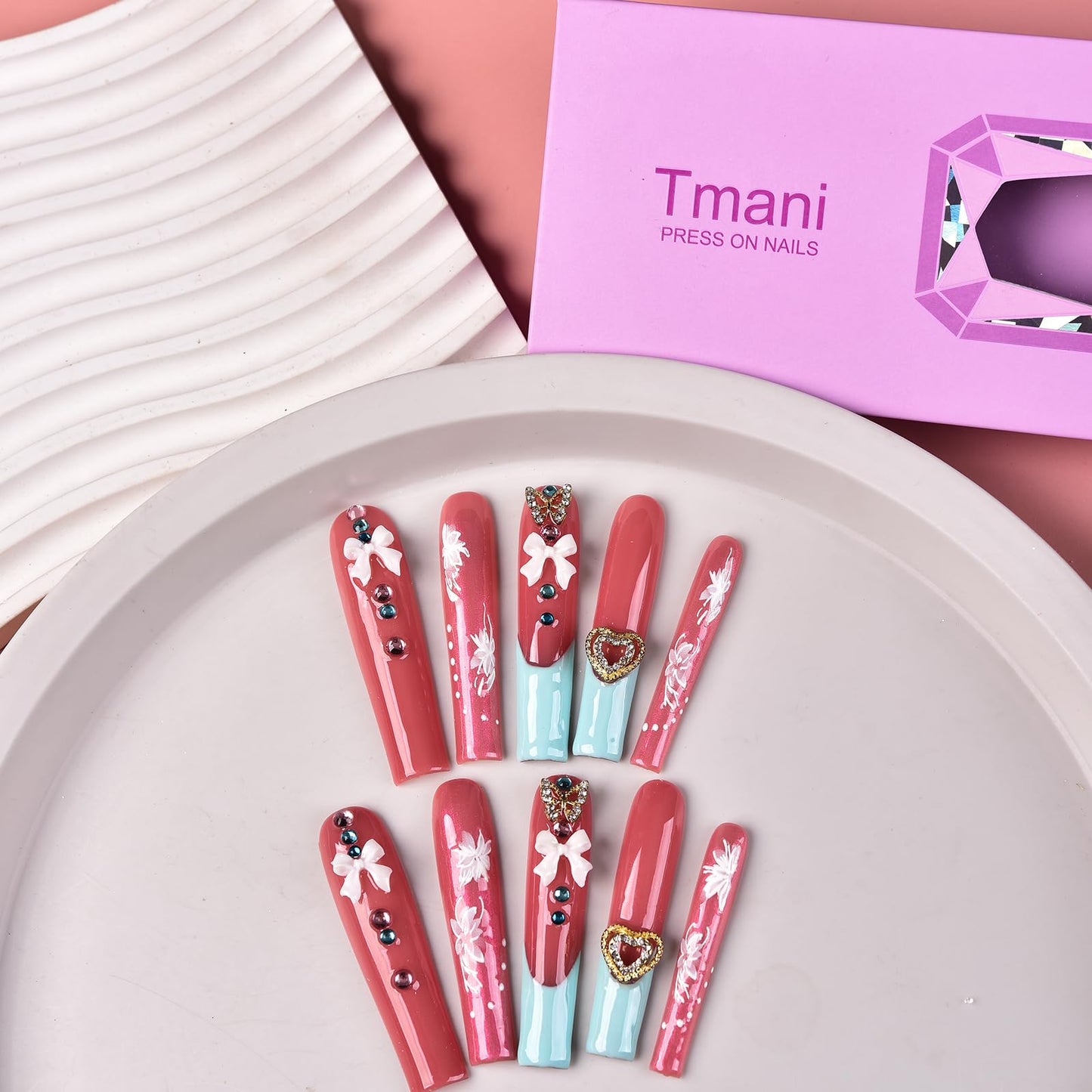Tmani 10pc/set Extra Long Handmade Press On Nail Hot Girl's Long Ballet Nails Square Nail Full of Diamond Glitter Decoration Fake Nails Suitable For Girls Festival Parties and Birthday Gift (185,L)