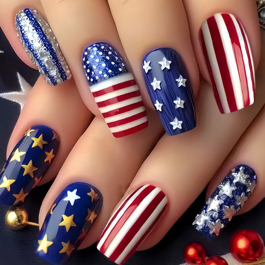 4th of July Press on Nails Medium Length Acrylic Nail Red White Lines with Color Stars Glitter Fake Nails Square Shaped Independence Day Press Ons Artificial Fingernails for Women Holiday Manicure