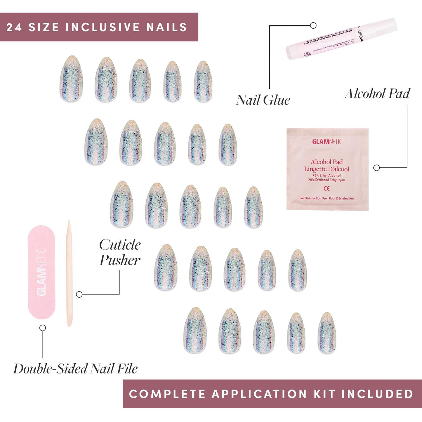 Glamnetic Press On Nails - Stardust | Medium Pointed Almond, Holographic Fake Nails, Salon Quality | 15 Sizes - 30 Nail Kit with Glue