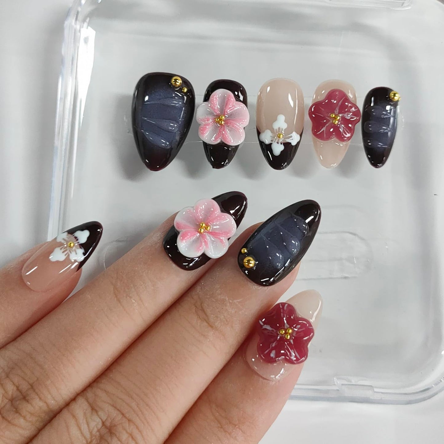Handmade Press on Nails Almond Short 3D Floral Nails French Tip Thick Acrylic Fake Nails Purple False Nails with Pink Flower Designs Elegant Sturdy Nail Art Press on Nails 10Pcs(M)