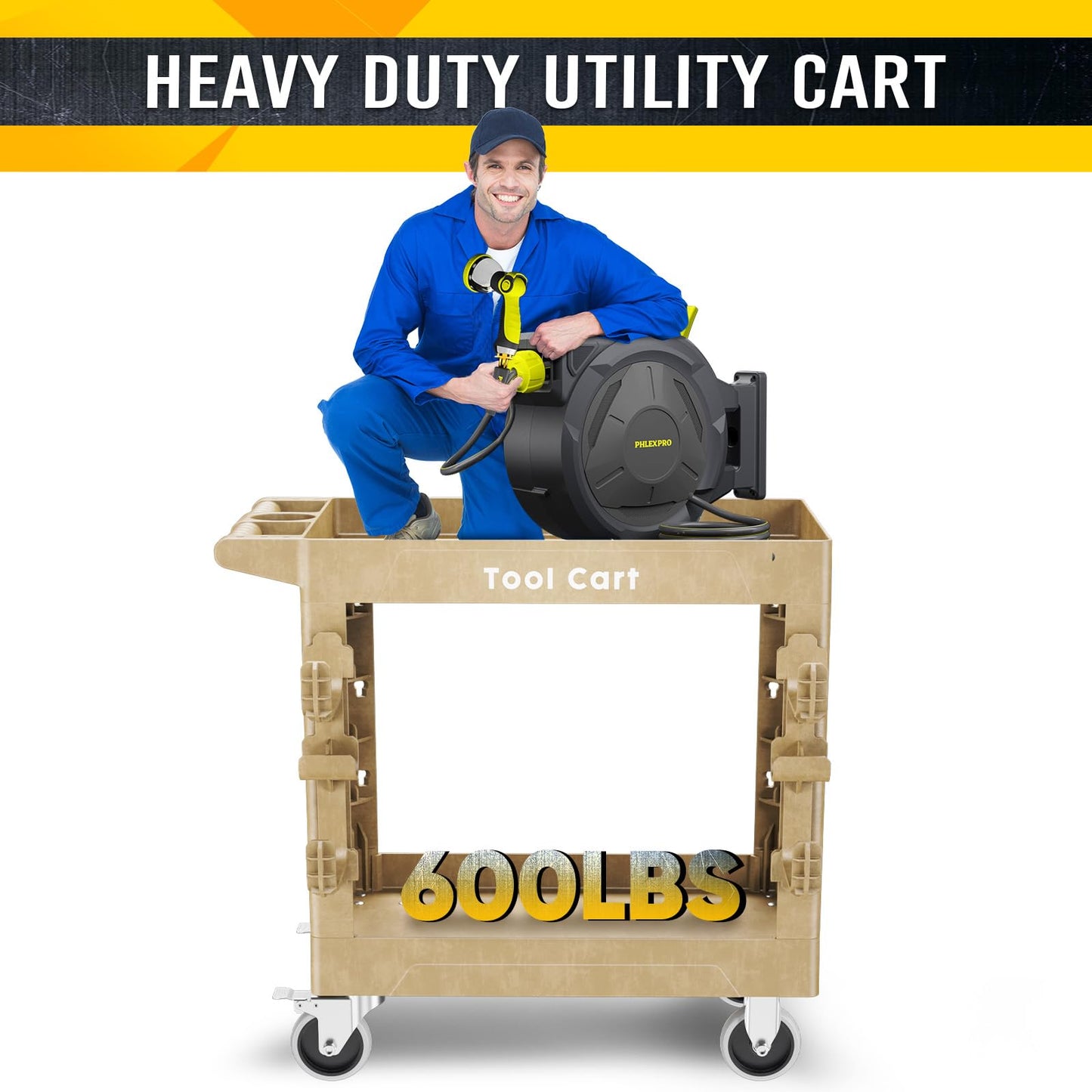 Heavy Duty Garden Tool Carts,600LBS Capacity 2 Tier Yard Tool Storage Rack with Side Hooks Garage Tool Cart with 360°Swivel Wheels Outdoor Garden Tool for Shed, Yard, Garage,Sand
