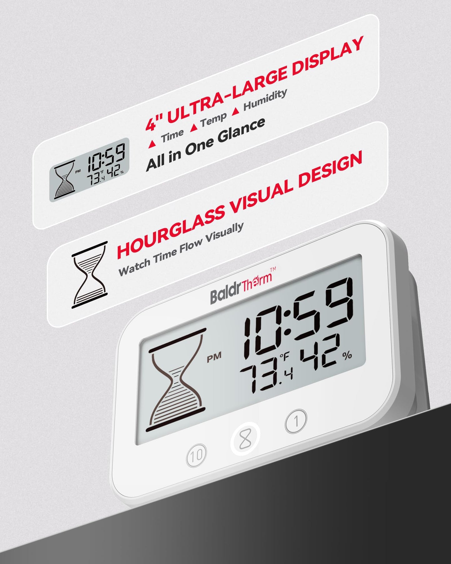 Baldrtherm Digital Timer, Works as a Countdown Timer, Real-time Clock, Hygrometer Thermometer. IP67 Waterproof Safe for Kitchen Bathroom Use. (White)