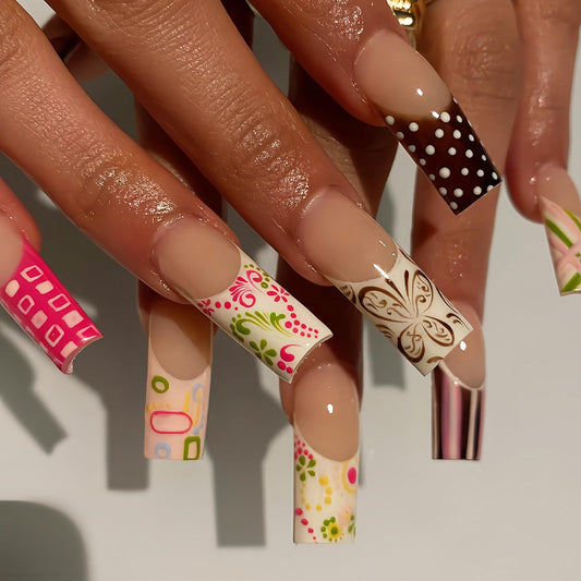 IMRAIN Long Press on Nails Square Fake Nails Artificial Acrylic French False Nails with Butterfly, Flower, Polka Dot Designs Full Cover Stick on Nails for Women 24Pcs