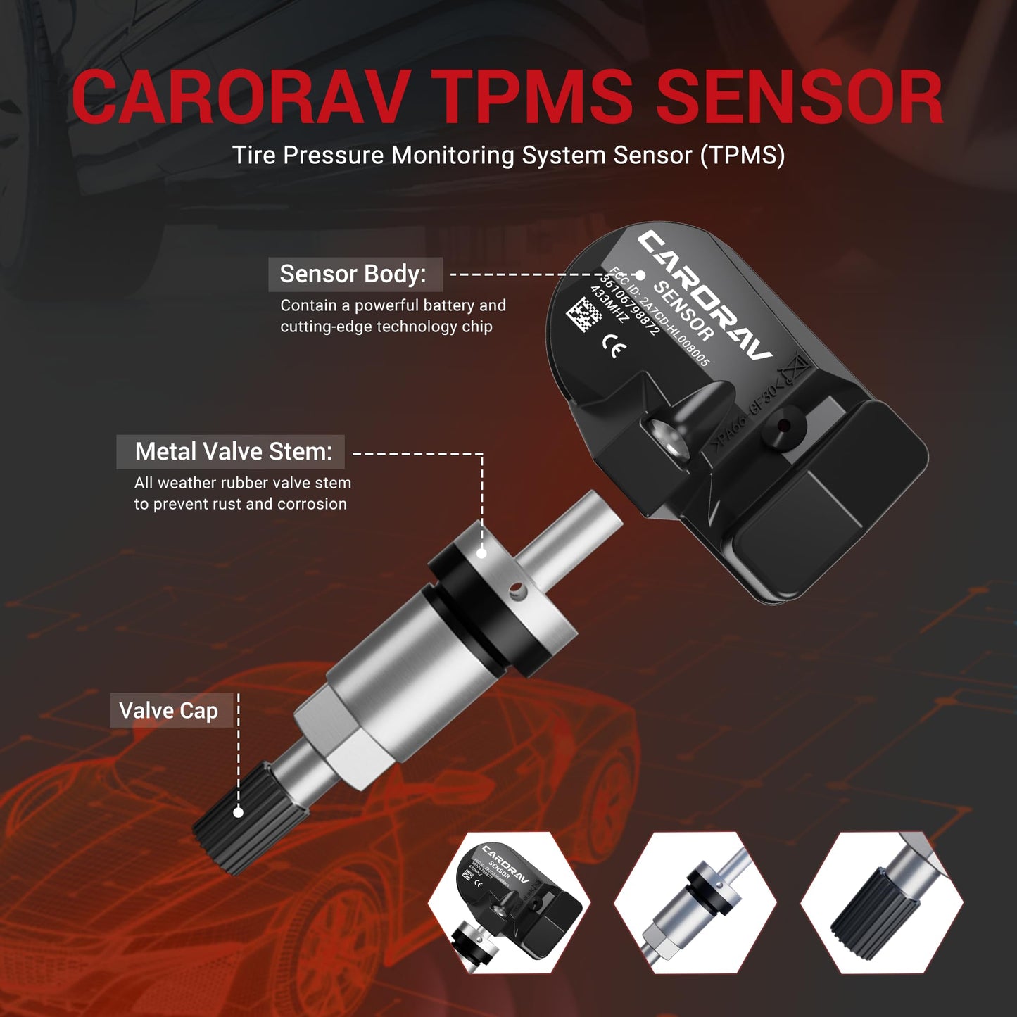 CARORAV 433Mhz Tire Pressure Monitoring System Sensor Compatible for BMW Rolls Royce MINI Ferrari, TPMS Sensor Replaces 36106798872 36106890964 F11001648001B 4 Pack - 4 Replaceable Valve Stems