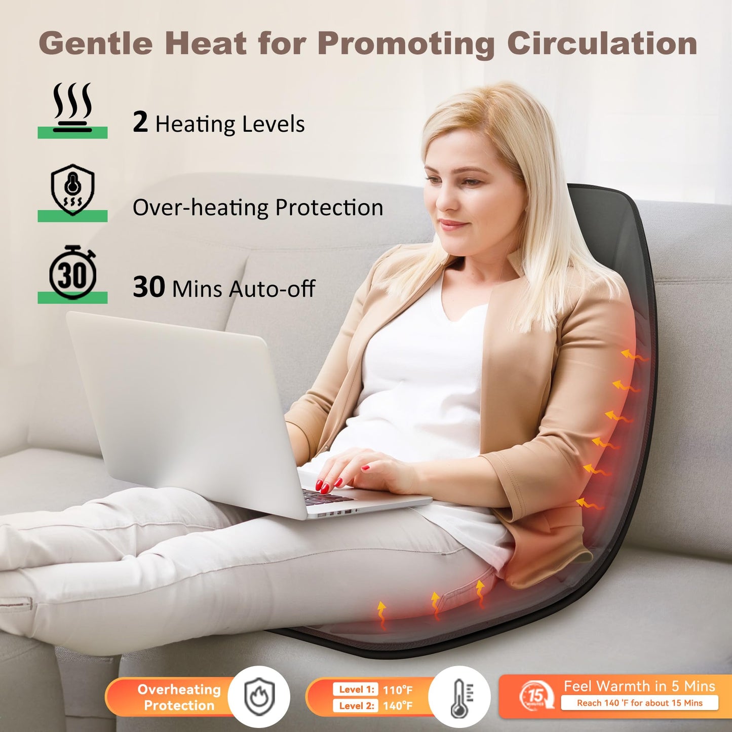 Vibration Back Massager with Heat, Massage Chair Pad with 10 Vibration Motors & 2 Heating Levels, Chair Massager for Recliner, Office Chair, Sofa