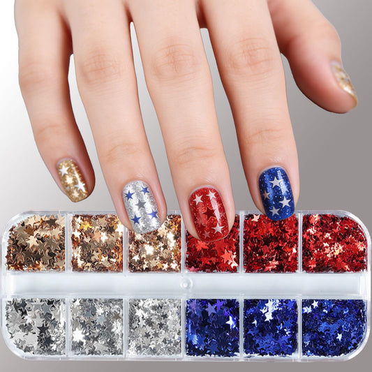 Star Nail Glitters 4th of July Nail Art Sequins Holographic Red Blue Gold Silver Nail Flakes Sparkly Glitter Nails Sequins Independence Day Glitter for Women Manicure Art 1 Box 4 Color