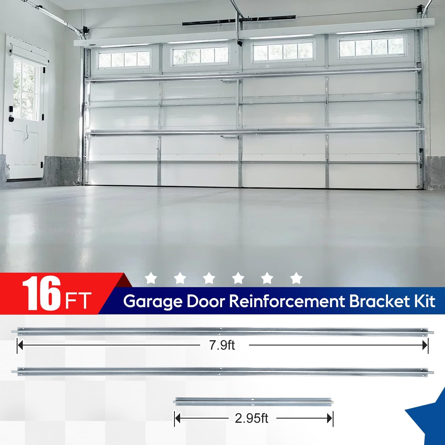 16ft Garage Door Strut,Heavy-Duty Steel Garage Doors Reinforcement Bracket,Hurricane & Storm Support Top Brace Bracket Kit,Double Door Garage Repair Track for 16 Foot