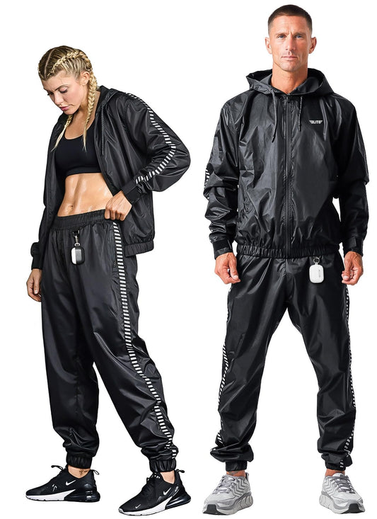 Elite Sports Zipper Sauna Suit for Men & Women – Weight Loss Full Body Hoodie Sweat Suit, Lightweight Anti-Rip PVC Fabric for Boxing, MMA, Gym Workout, Fitness Training Gear (Black, Large)