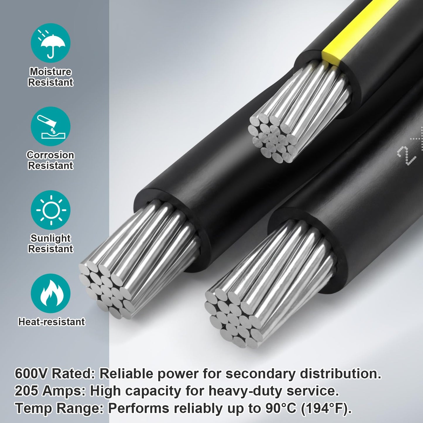 BreezeHug 100Ft 4/0-4/0-2/0 Aluminum URD Direct Burial Cable, 3-Conductor 600V, 19-Strand, XLPE Insulation Service Cable, Direct Burial Wire for Outdoor& Conduit