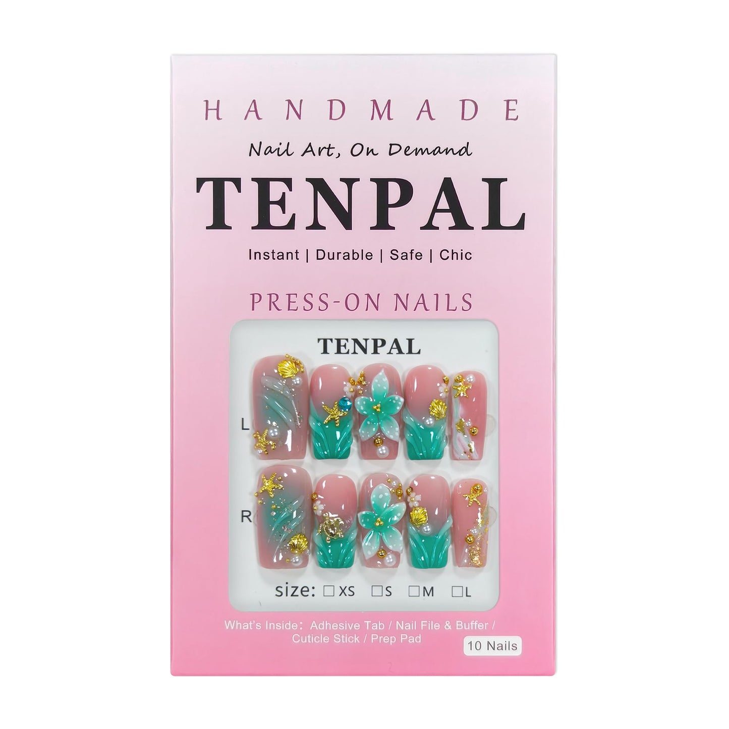 TENPAL Handmade Coffin Press on Nails Medium- Emerald Green Blushing Ombre Fake Nails with 3D Starfish & Shell Design, Coastal Elegance Style Glossy Acrylic Flowers False Nails with Tools(L)