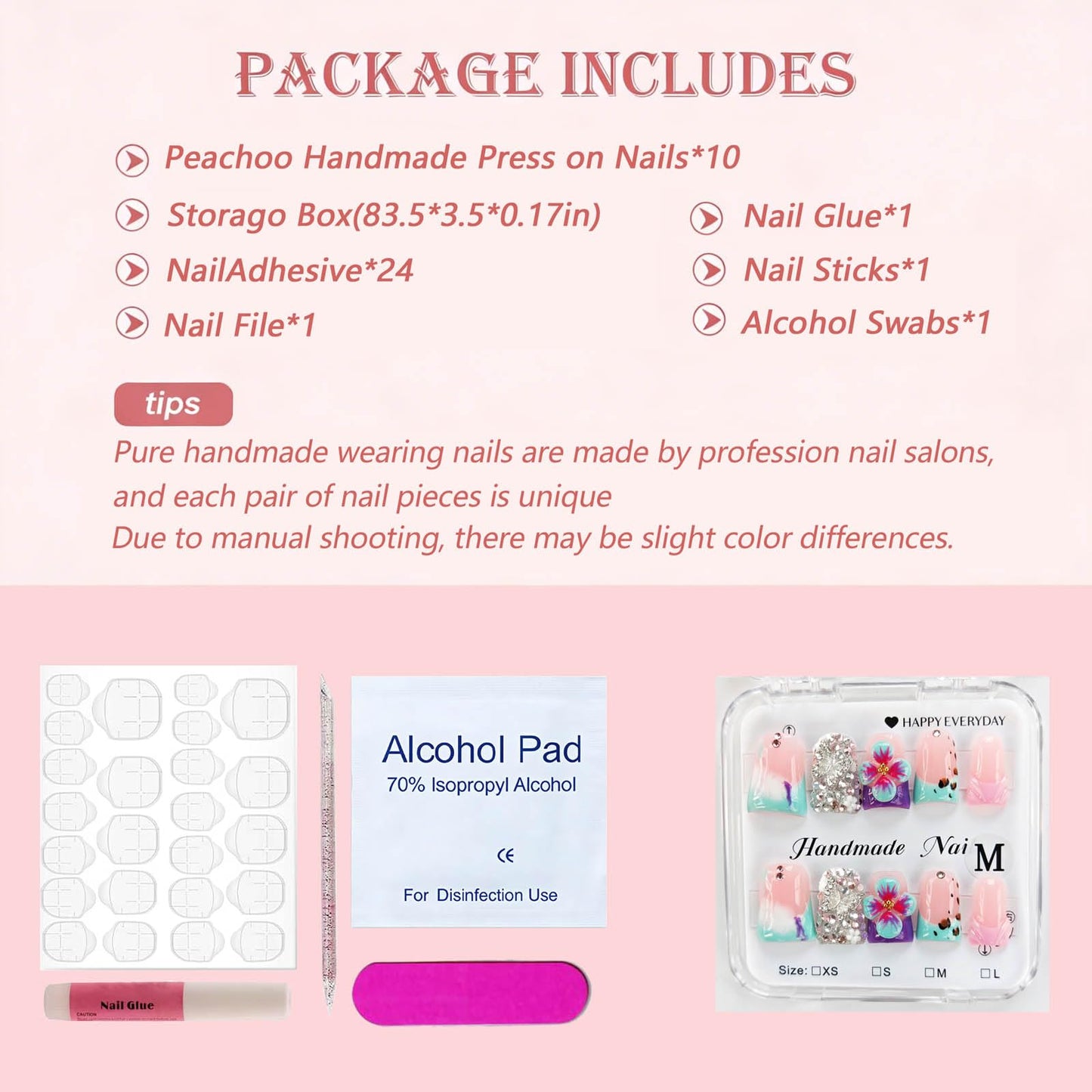 Handmade Acrylic Press on Nails Short Duck Nails Press on 3d Floral Designs Square Reusable Fake Nails Luxury Rhinestones Cute for Women (Size M）