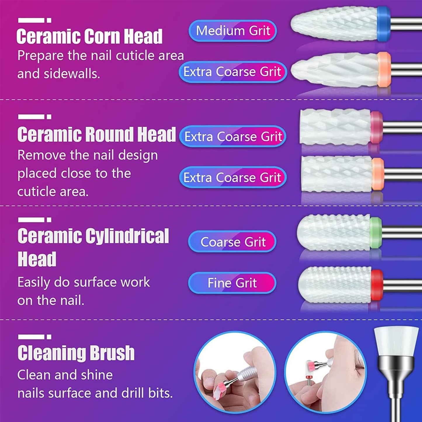 Nail Drill Bits Set with Storage Case: 30pcs 3/32 Inch Carbide Diamond Ceramic Professional Salon Kit for Acrylic Nails, Multi-Function for Women Nail Artists Manicure Pedicure (Purple)