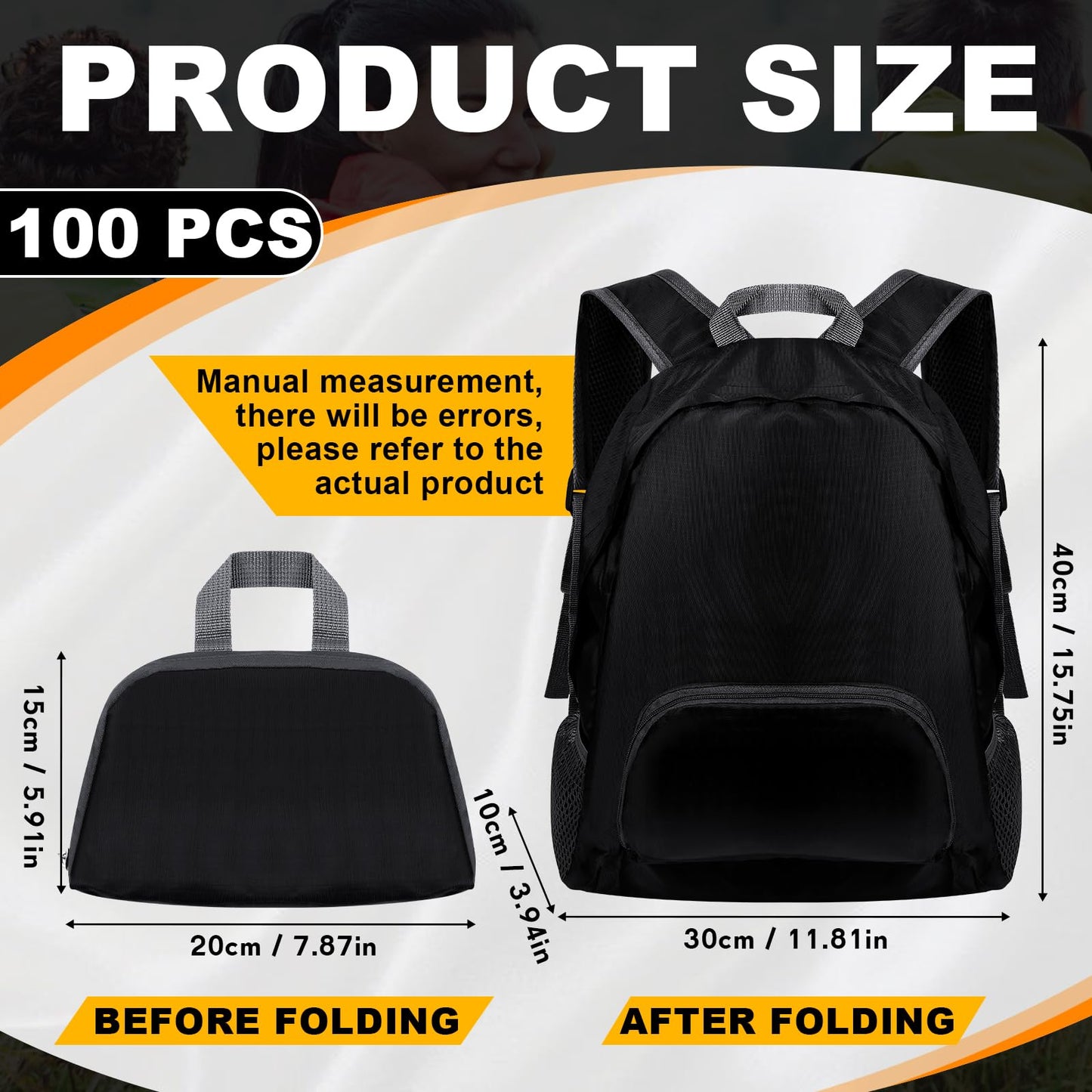 Dunzy 100 Pcs 20l Foldable Backpacks Bulk Lightweight Basic Back Pack Wholesale for Homeless Donation Corporate Events Travel Camping (Black)