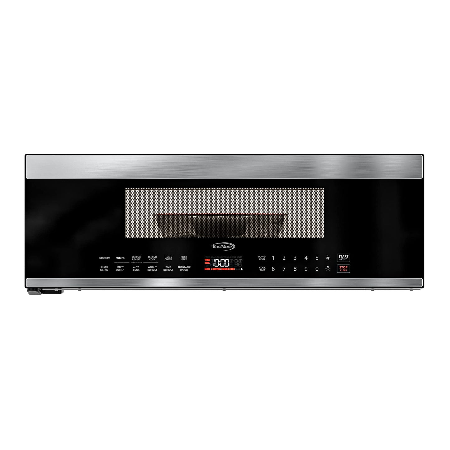 KoolMore 30 Inch Over-The-Range Low Profile Microwave, 1.2 Cu. Ft. Built-in, 10 Power Levels, 13.5” Glass Turntable, 1000-Watt Power, Advanced Air Vent, and Heat Circulation (KM-MLPOT-1SS)