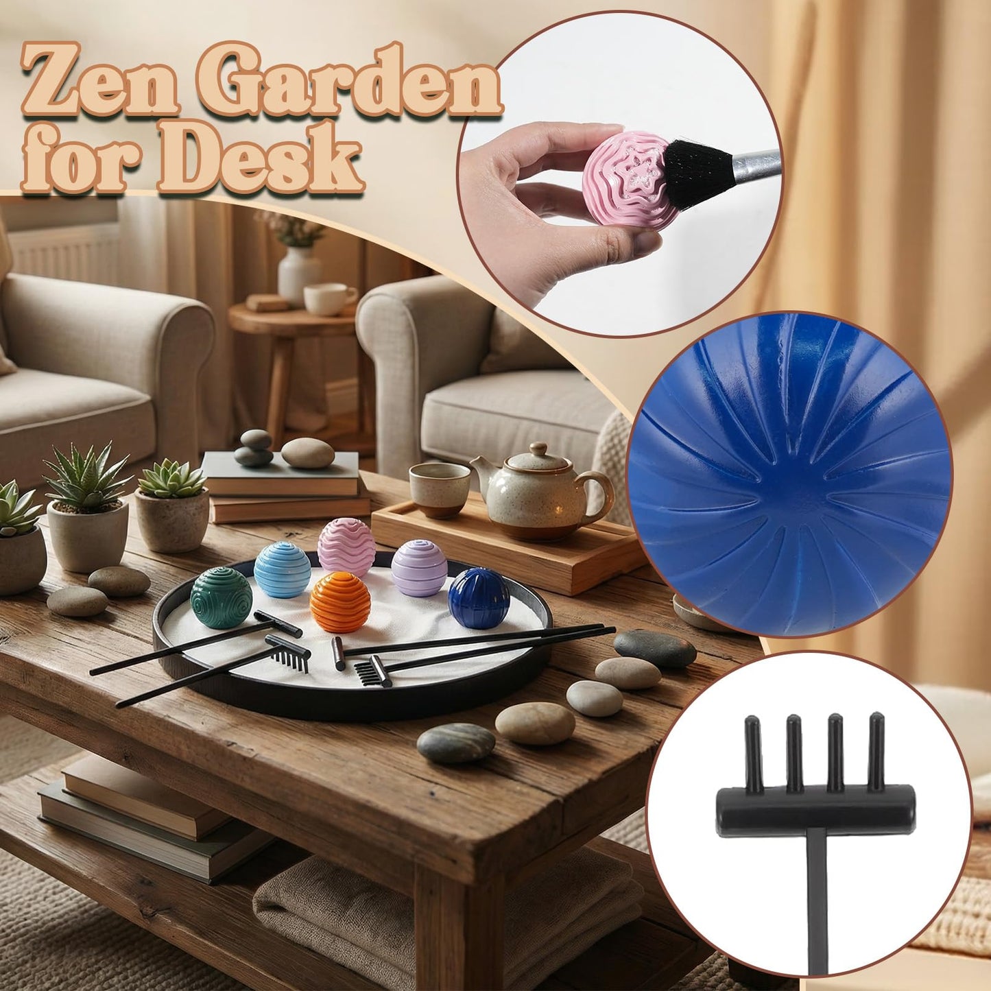 Wowagoga Desk Zen Garden Kit with 6 Textured Sensory Balls, Sand & Tools, Mini Meditation Set for Stress Relief and Desktop Decor
