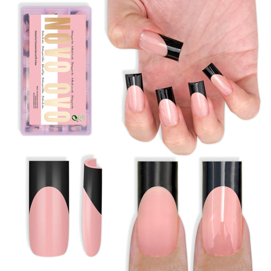 NOVO OVO Soft Gel Nail Tips Square Medium - Black French Tip on Baby Pink Base, 180Pcs Full Cover False Nails for Gel X Extension, Sharp Shape Pre-Designed Press on Nails for DIY Home Salon (15 Sizes)
