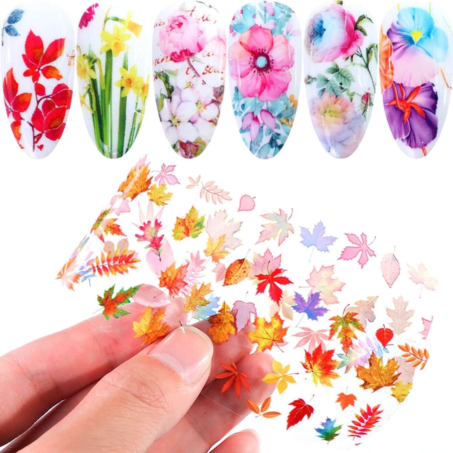 Maple Leaf Nail Foil Transfer Sticker Decals Fall Flowers Nail Art Foil Decals Holographic Autumn Lavender Designs Nail Art Supplies for Thanksgiving Day Women Nail Decorations Films 10 Sheets