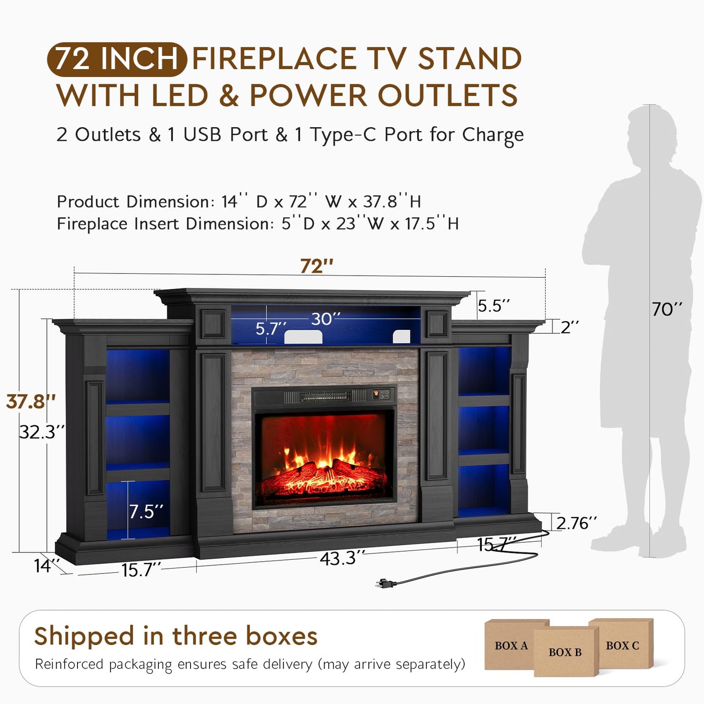 72" LED Fireplace TV Stand with Outlet, Electric Fireplace with Mantel for TVs Up to 80 Inch, Entertainment Center with Storage, Fireplace Heater Insert with 3D Flame Effect for Living Room, Black