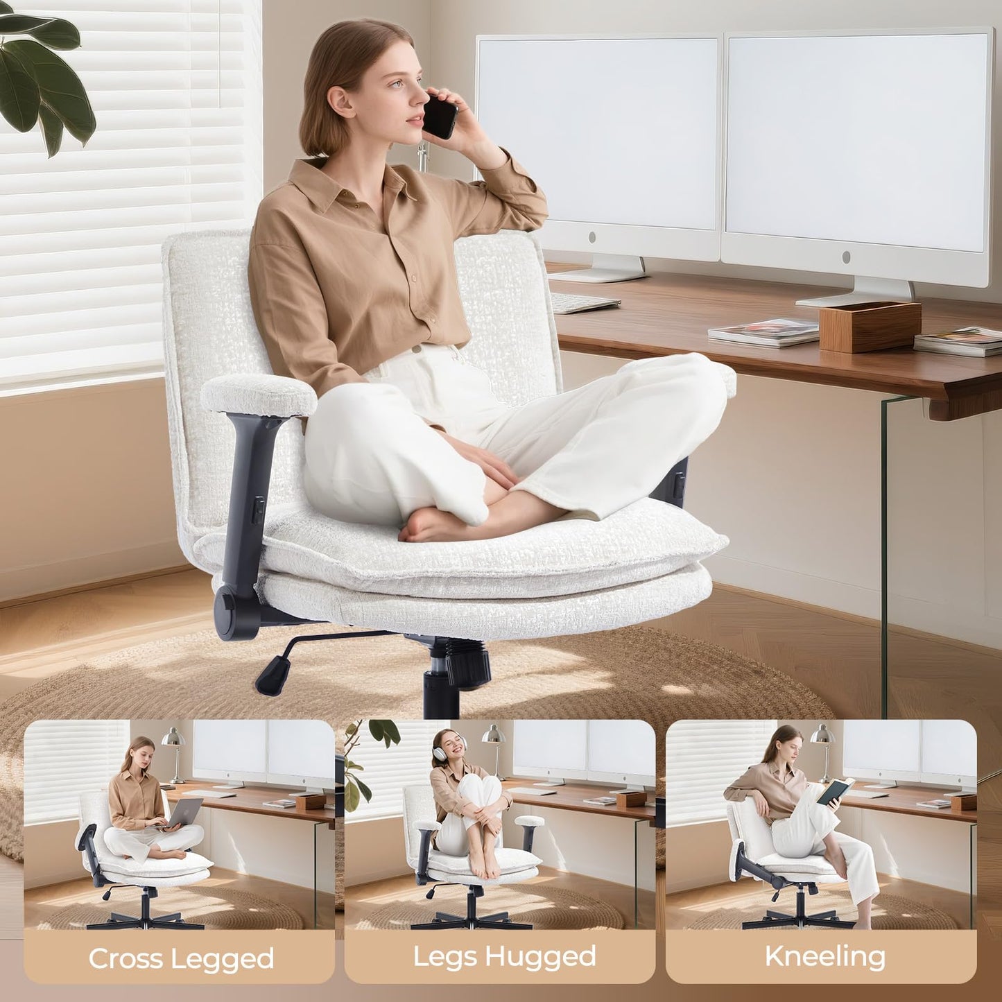 Morkprism Criss Cross Chair with Flip-Up Arms and Lockable Wheels, Plush Fabric Cross Legged Office Desk Chair，Wider 125°Tilting Adjustable Swivel Chai r for Home, Apartment, Bedroom,Pearl White