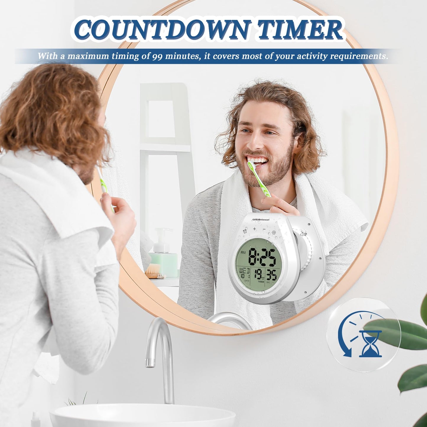 USAOSHOP Shower Clock Waterproof Bathroom Timer, Digital Wall Clock Kitchen Clock with Countdown, Touch Screen, Temperature, Calendar, Suction Cup Hanging Hole, for Spa Cook Bath