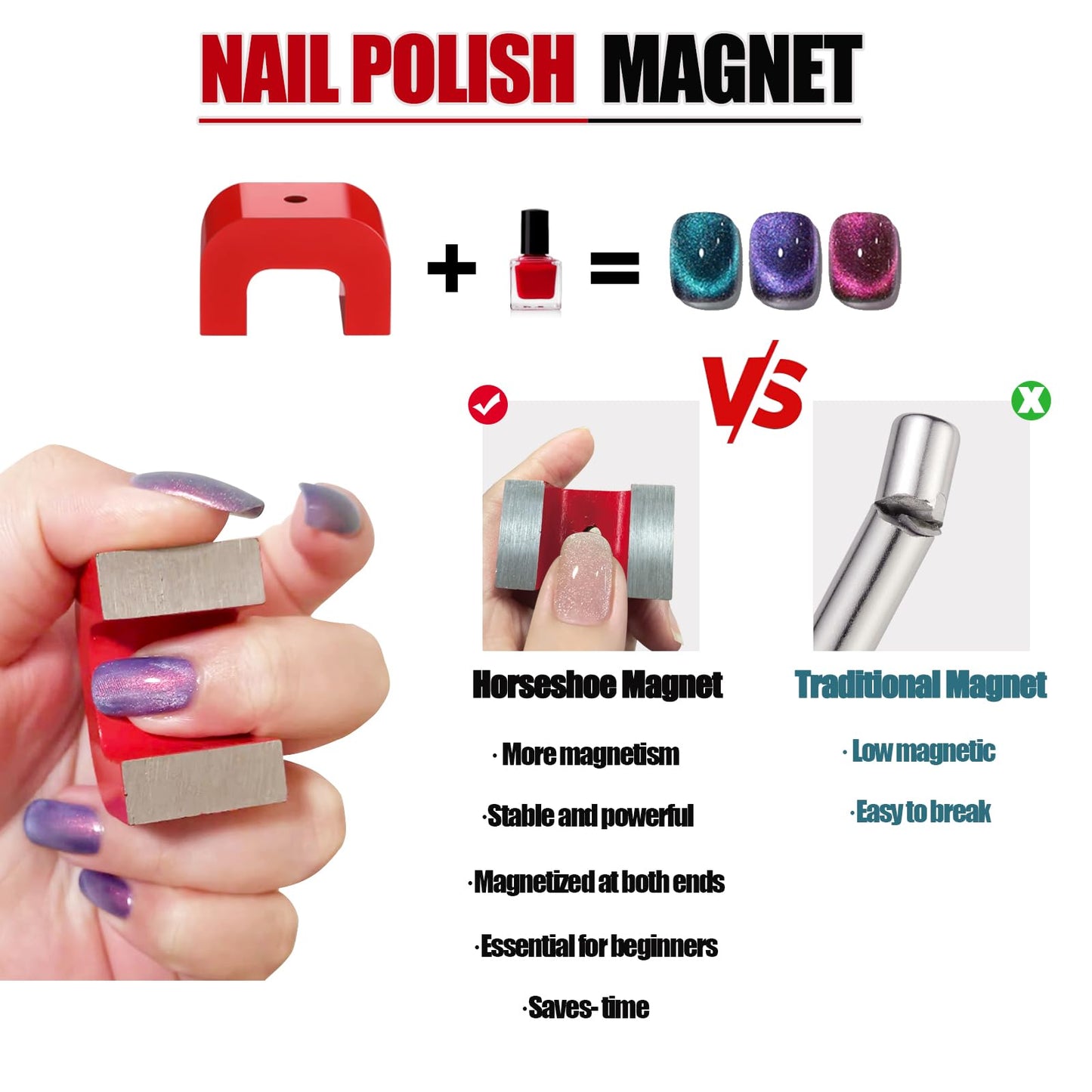 25LB Red Horseshoe Magnet,Strong U Shaped Magnet for Nail Polish,Heavy-Duty Alnico Magnets for Cat Eye Gel Polish Nail Art