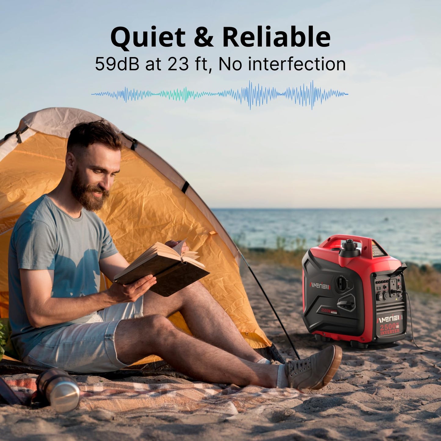 AMERISUN 2500-Watt Gas Powered Portable Inverter Generator for Home Use - Super Quiet Lightweight for RV and Camping, CO Sensor, Outdoor and Home Backup, Long Run Time