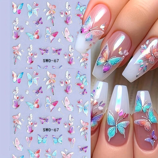 2Pcs 3D Gradient Butterfly Embossed Nail Stickers, Multicolor Butterfly Leaves Nail Decals Cute Spring Summer Manicure DIY Y2K Style Self-Adhesive Gel Decals Sliders Nail Art Decoration Nail Supplies